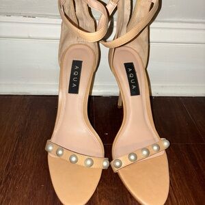 Aqua Nude Pearl-Adorned Heels